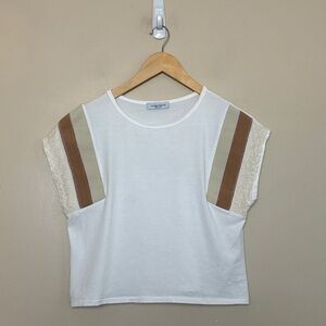 Giorgina Giannini - Crop tee with multi-fabric stripes on sleeve. Large p2p 18"